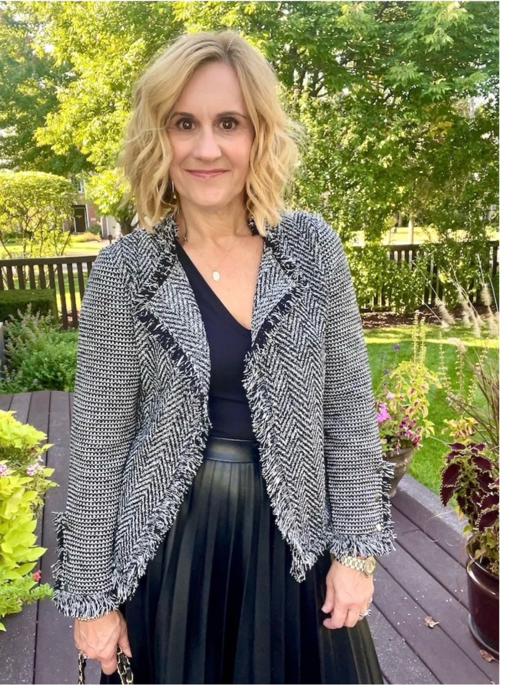 NIC+ZOE Black & White Fringed Open-Front Herringbone Jacket with zippered pocket
